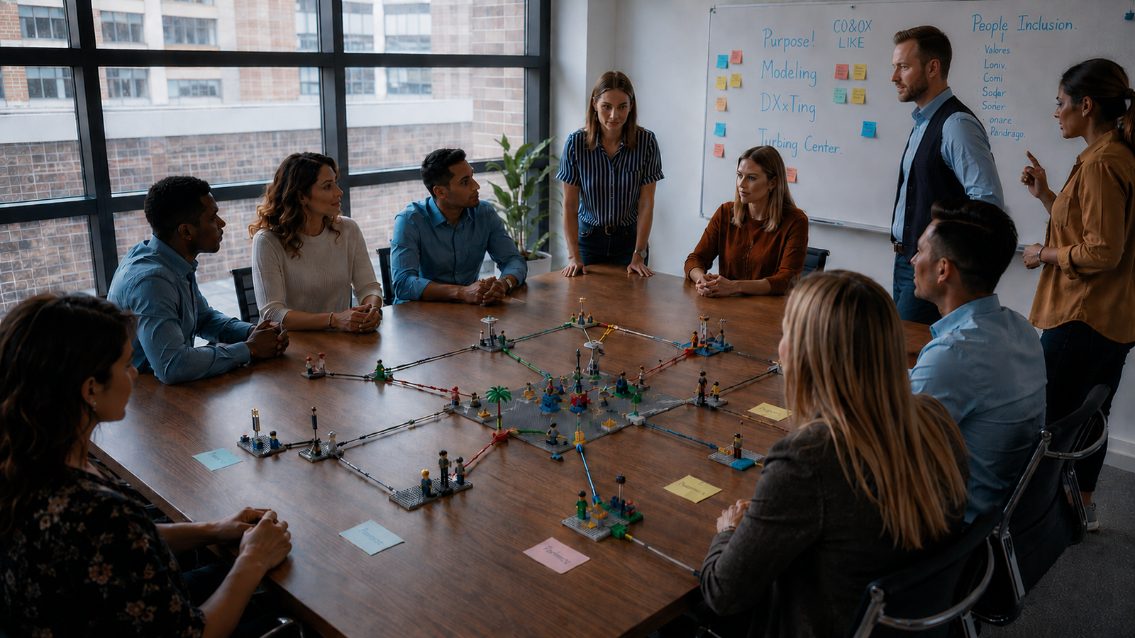 Equipo directivo en una sala de juntas trabajando con piezas LEGO® SERIOUS PLAY® durante un taller facilitado por SM BuildLab