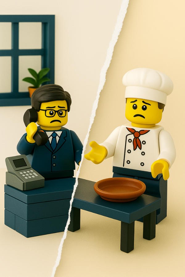 Silos entre áreas y sedes ilustrados con figuras LEGO® separadas y carteles divergentes