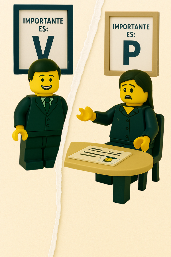 Dos figuras LEGO® con carteles distintos representando falta de conversaciones honestas entre áreas