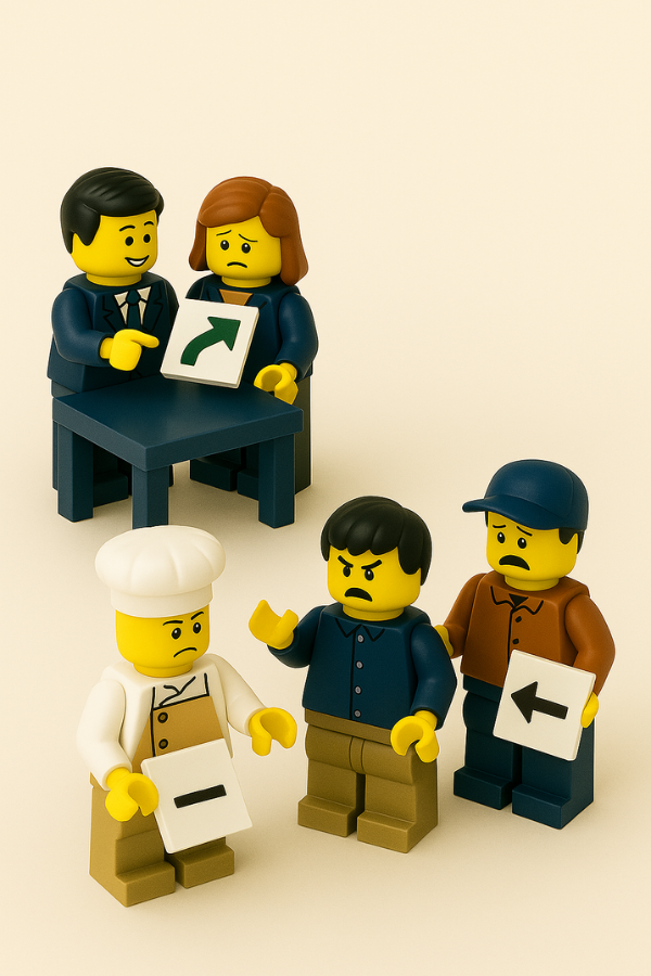 Equipo sin visión compartida representado con figuras LEGO® apuntando en direcciones distintas