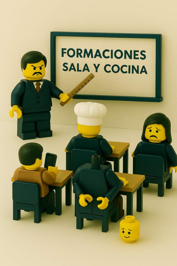 Aula con instructor señalando una pizarra y figuras LEGO® desconectadas, representando formación poco participativa