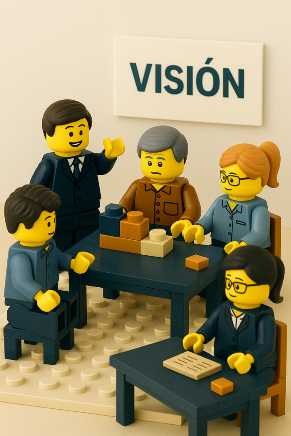 Figuras LEGO® alrededor de mesa con bloques y cartel Visión, representando proceso participativo de gestión del cambio