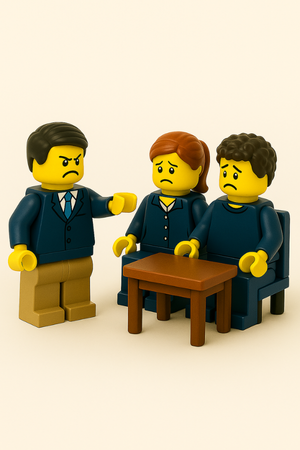 Mando autoritario frente a equipo preocupado representado con figuras LEGO®