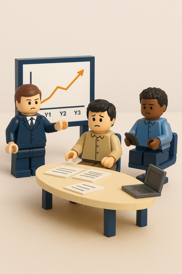 Profesionales revisando documentos y gráficos representando objetivos estratégicos sin aterrizar