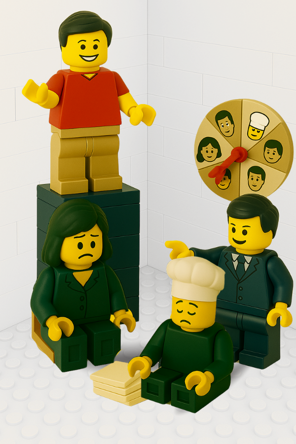 Figura LEGO® ascendida al azar mediante una ruleta mientras otras muestran frustración, ilustrando promoción interna sin criterio
