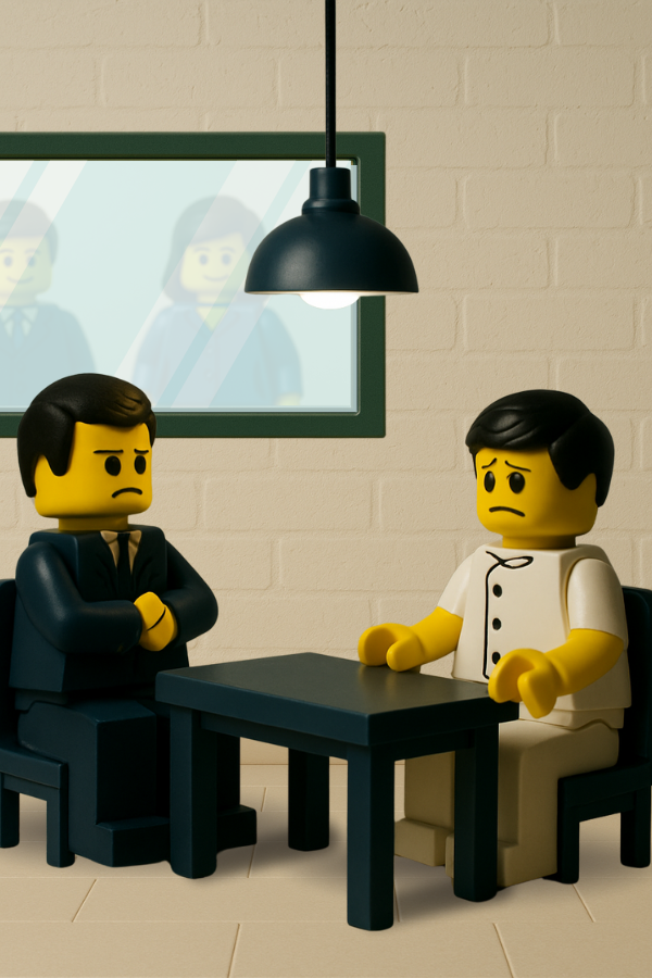 Entrevista de selección tensa con figuras LEGO® bajo lámpara y observadores, representando proceso poco fiable