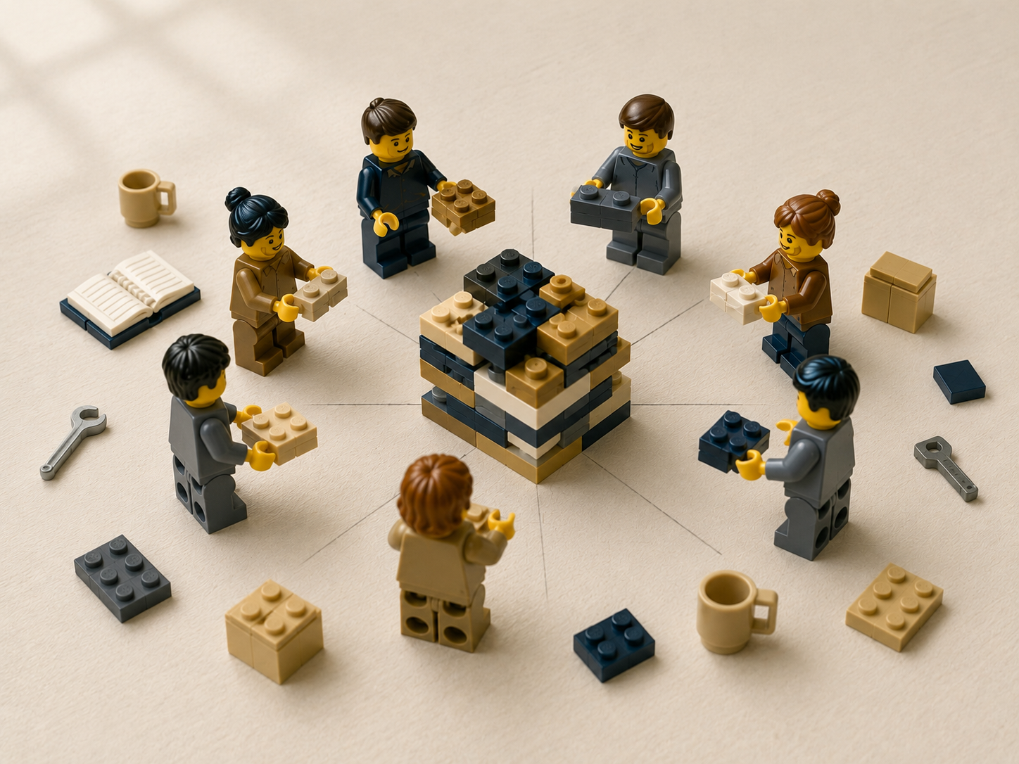 Equipo construyendo acuerdos operativos entre áreas con LEGO® SERIOUS PLAY® en taller de SM BuildLab
